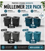 2-Pack Organic Waste Bins (5 Liters) with Carry Handle – Household Waste Bin (24 x 16 x 15 cm) – Grey, Blue, or Blue/Grey