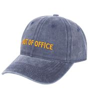 Eye-catching ZWILLINGSHERZ Classic baseball cap featuring "OUT OF OFFICE" lettering; adjustable cotton cap (model 4603M K5404) in grey or dark blue