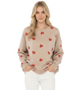 Sudadera ZWILLINGSHERZ para mujer con estampado de corazones pequeños – Jersey de invierno con cuello redondo (Beige/Rojo, 47056-29)