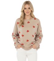 Sudadera ZWILLINGSHERZ para mujer con estampado de corazones pequeños – Jersey de invierno con cuello redondo (Beige/Rojo, 47056-29)