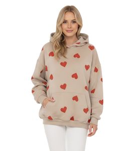 ZWILLINGSHERZ Women's Heart-Print Hoodie – Cozy Sweatshirt with Pocket (47055-29 Beige/Red)