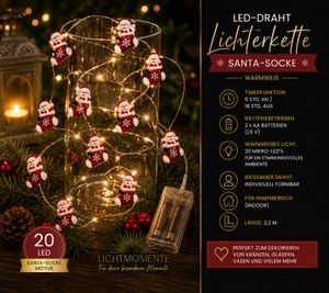 Waterproof LICHTMOMENTE LED wire string light with Santa sock motif, timer function, 2.2 meters, 20 warm-white micro LEDs (9843954, Silver)