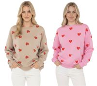 ZWILLINGSHERZ Herzchen Pullover Damen Sweat-Pullover Allover-Print Winter-Pulli mit Rundhals 47056 Beige/Rot oder Rosa/Rot