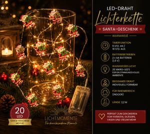Waterproof LICHTMOMENTE LED wire string light with Santa & gift motif, timer function, 2.2 meters, 20 warm-white micro LEDs, 9843553 Silver