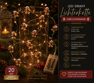 Waterproof LICHTMOMENTE LED wire string light with gingerbread man motif, timer function, 2.2 meters, 20 warm-white micro LEDs (9843855, Silver)