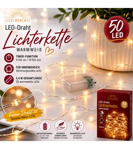 Luci decorative a filo LED impermeabili LICHTMOMENTE con funzione timer, 5,4 metri, 50 micro LED bianco caldo, 9844149 Argento