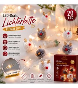 Luci decorative a LED impermeabili LICHTMOMENTE con motivo alce in peluche, funzione timer, 2,3 metri, 20 micro LED bianco caldo, 9825250 Argento