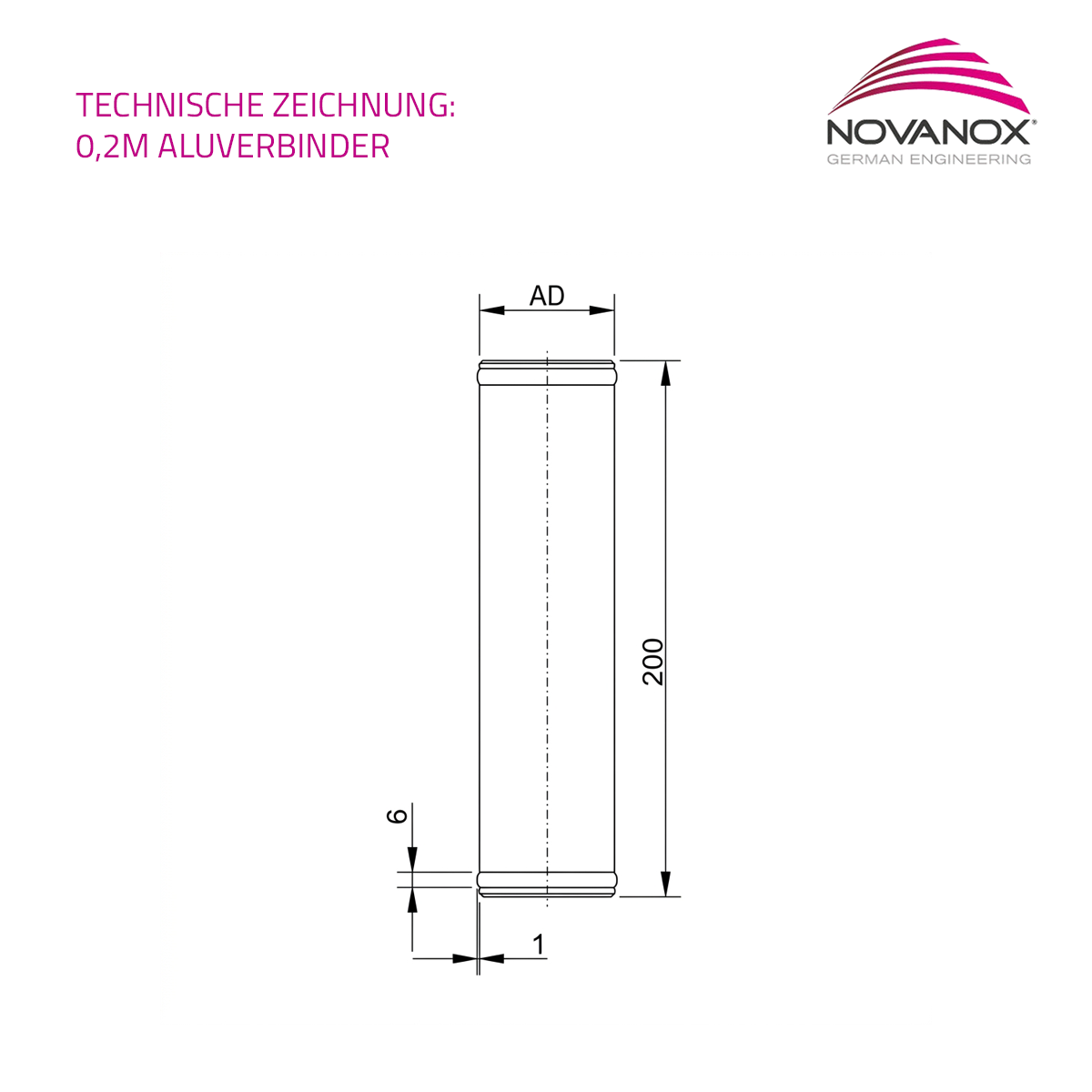Technische Zeichnung NovaNox Aluminiumrohr 200mm