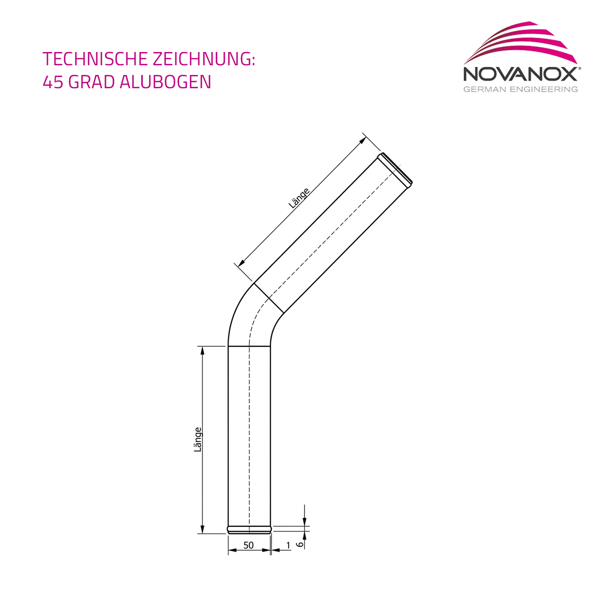 Technische Zeichnung 45° Aluminiumbogen