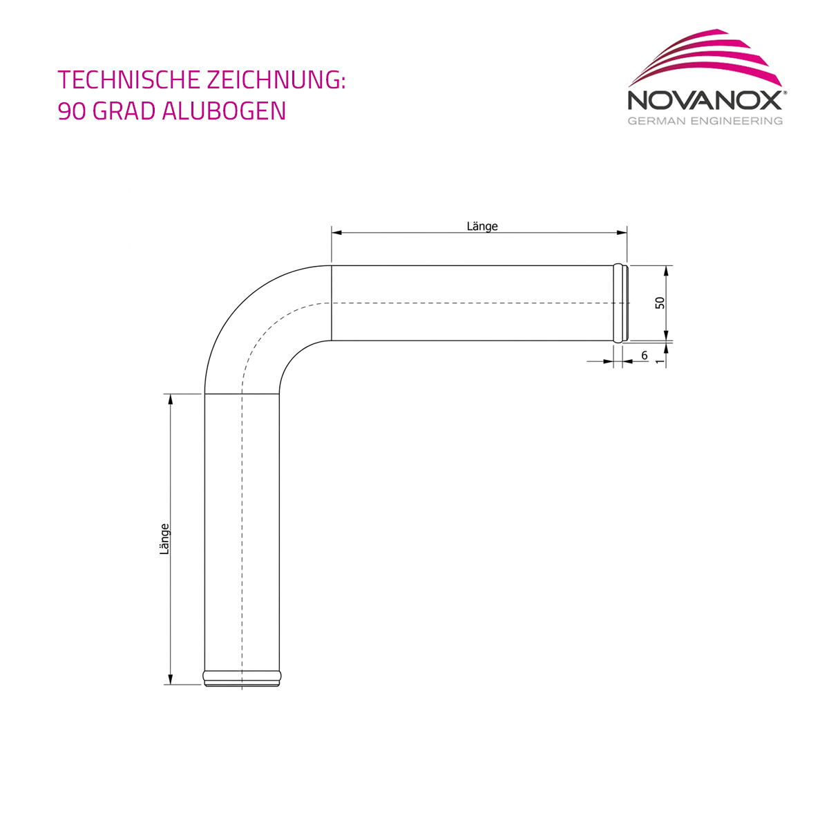 Technische Zeichnung 90° Aluminium Rohrbogen