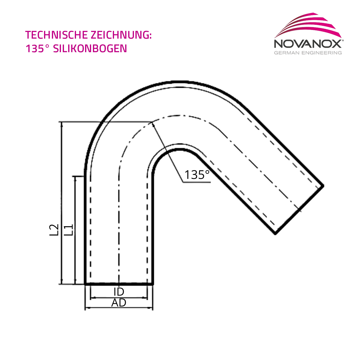 Technische Zeichnung 135° Silikonbogen