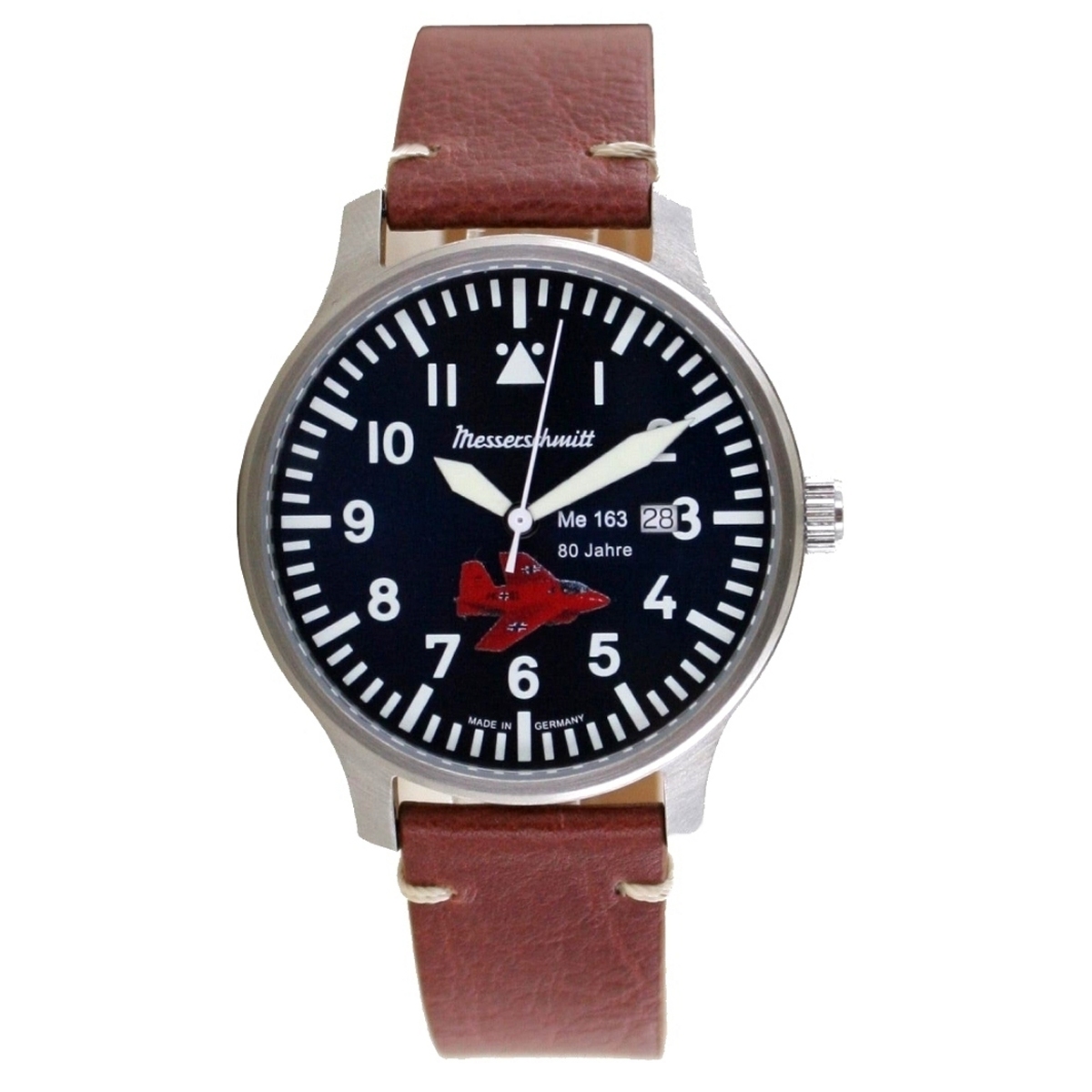 Messerschmitt Aristo Orologio Unisex Aviatore 'Cometa 80 Anni' Modello ME163-80-5, Quadrante Argento, Pelle Nera, Diametro 38 Mm
