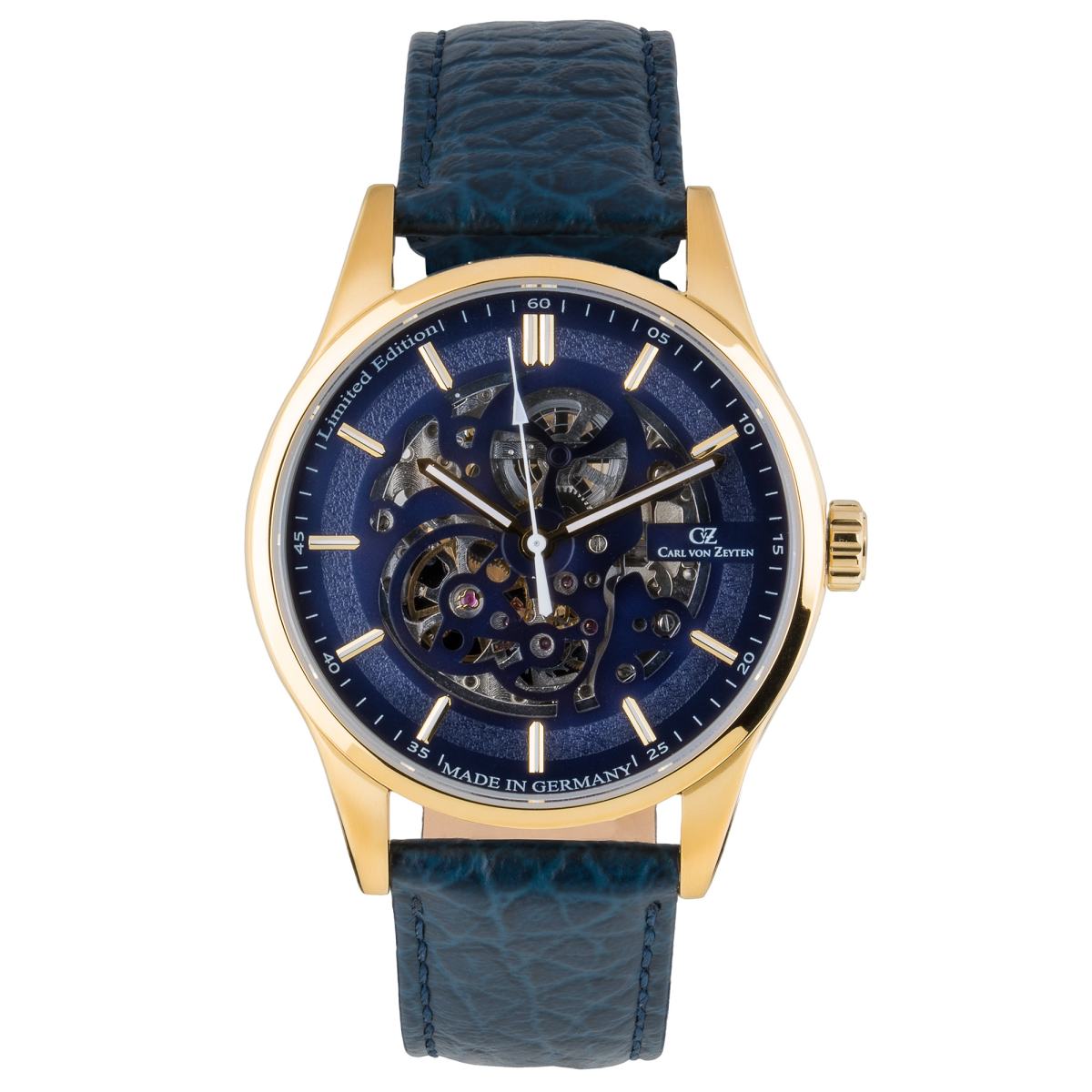 Carl Von Zeyten Orologio Classico Uomo CVZ0076GBLS - Automatico, Cassa Acciaio Dorato 44mm, Quadrante Blu, Vetro Zaffiro