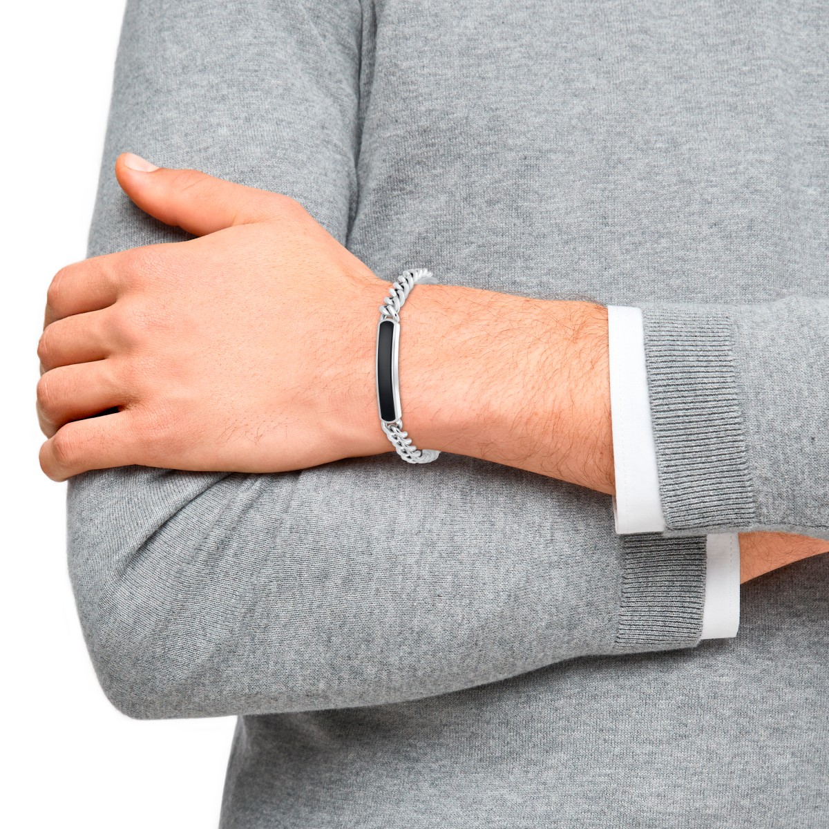 S.Oliver Bracciale Identificativo Da Uomo In Acciaio Inox E Pelle Nera - Lunghezza Regolabile 20-21.5 Cm - Personalizzabile Con Incisione
