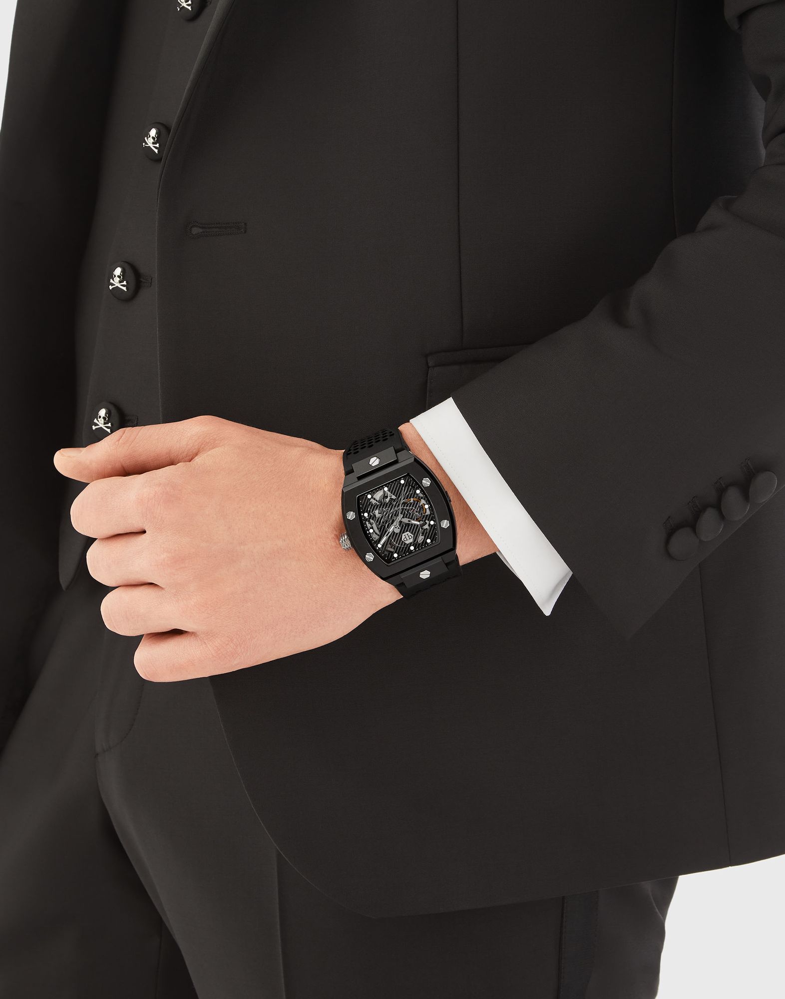 Philipp Plein The Skeleton ECOCERAMIC, Orologio Da Uomo Automatico, Cassa In Ceramica Ecologica A Forma Di Tonneau, Cinturino In Silicone Nero, 44 Mm - 4