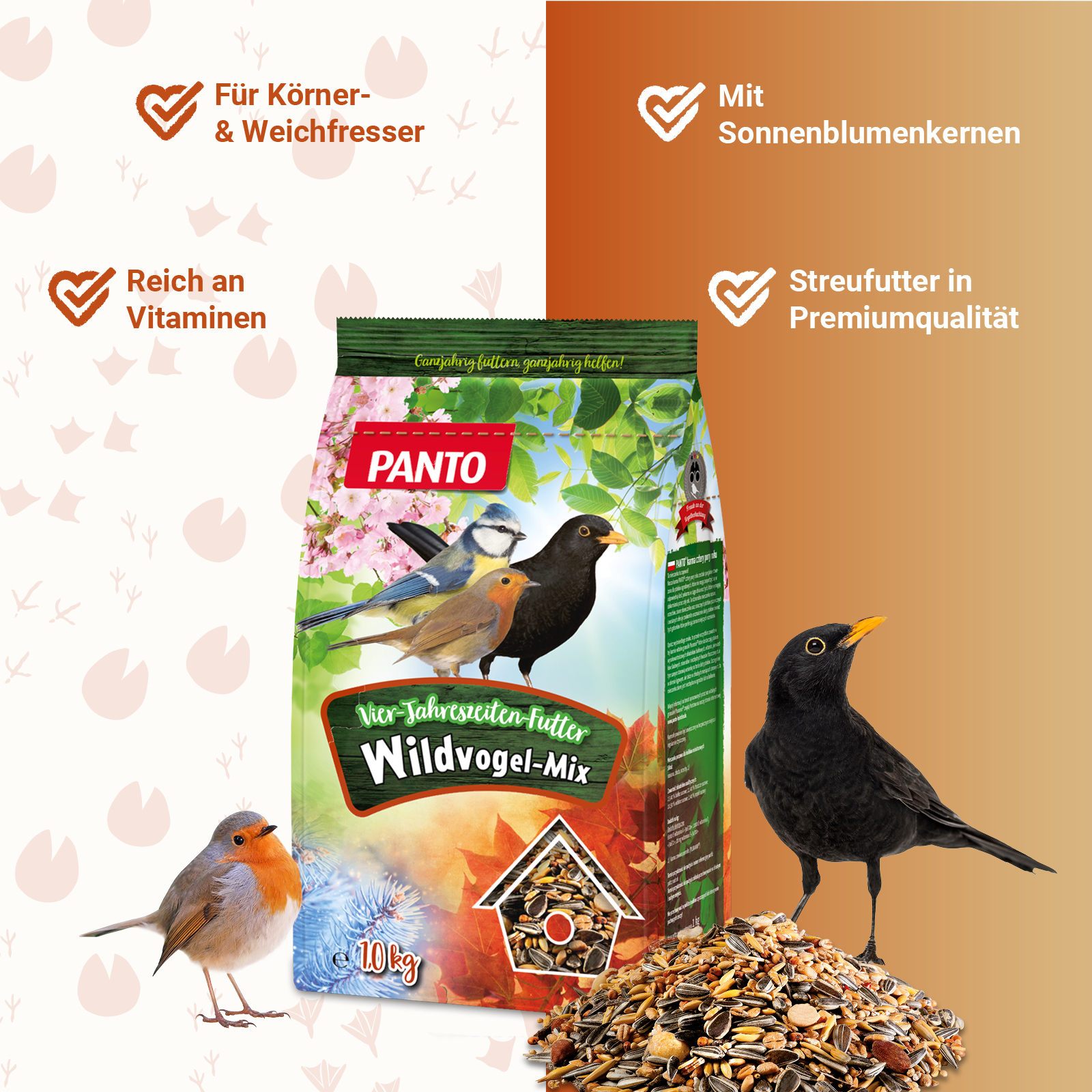 PANTO® Vier-Jahreszeiten-Futter · Ganzjahresmischung für Wildvögel · 12,5Kg PANTO® Vier-Jahreszeiten-Futter · Ganzjahresmischung für Wildvögel · 12,5Kg