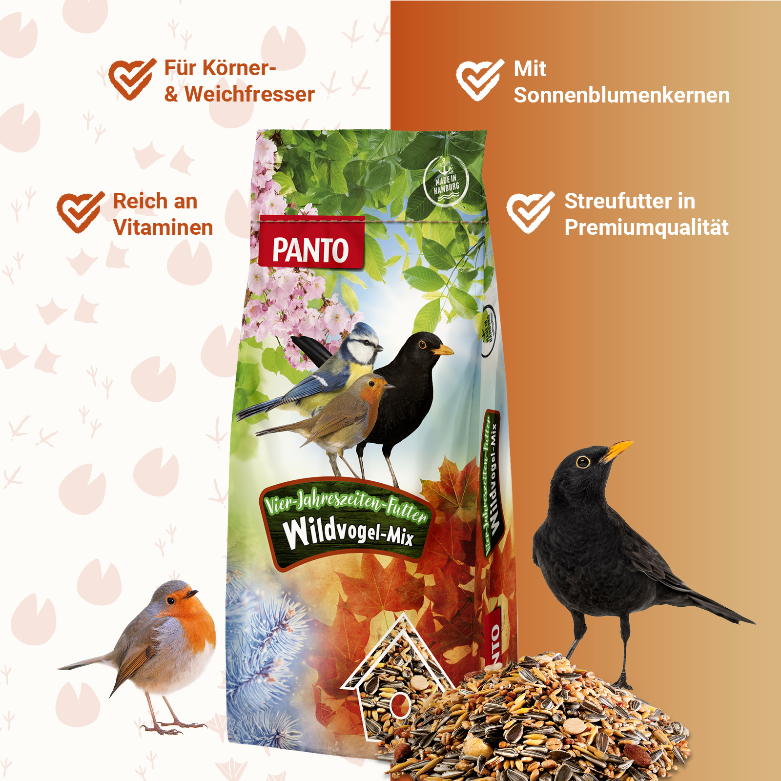 PANTO® Vier-Jahreszeiten-Futter · Ganzjahresmischung für Wildvögel · 12,5Kg PANTO® Vier-Jahreszeiten-Futter · Ganzjahresmischung für Wildvögel · 12,5Kg