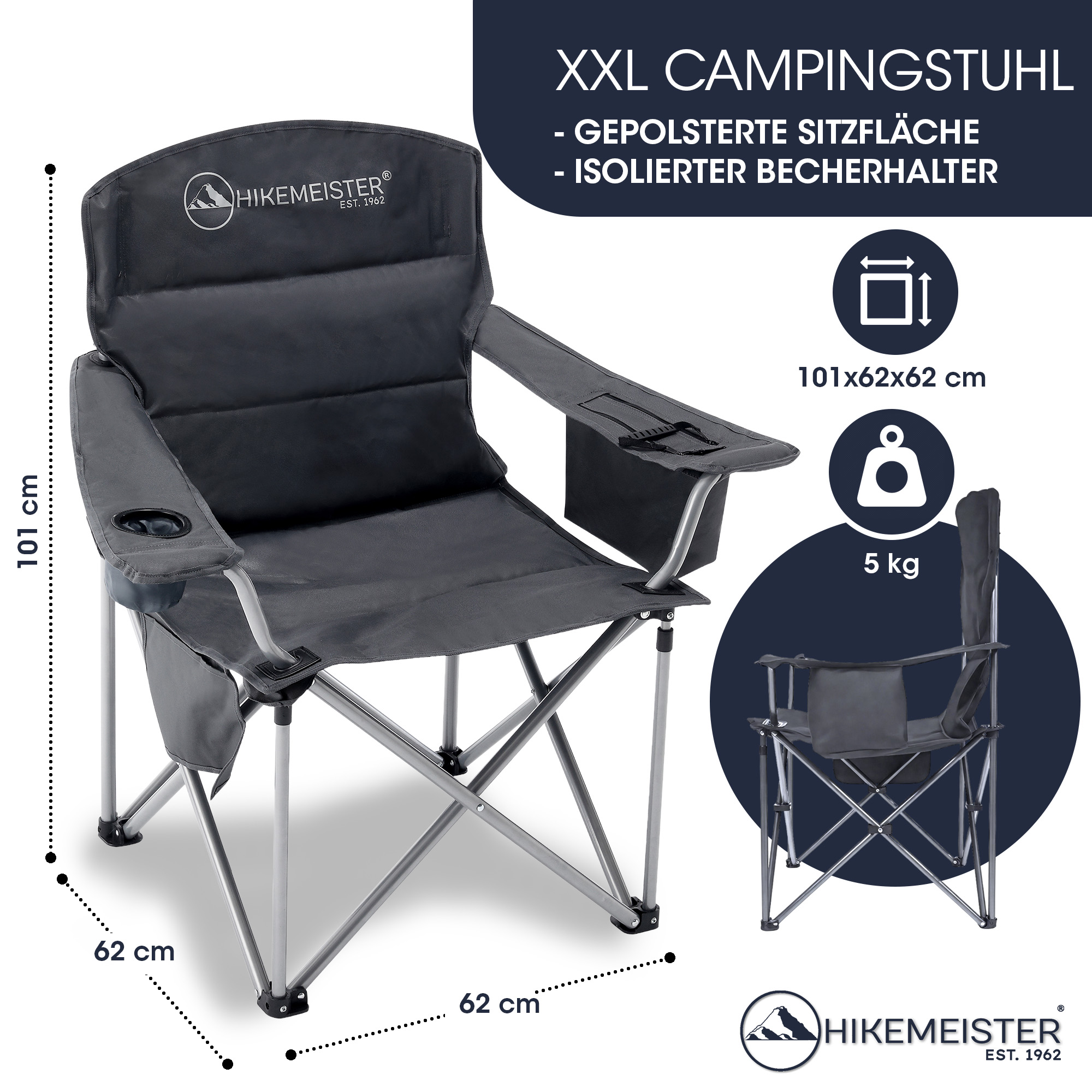 Hikemeister  XXL Campingstuhl, klappbarer Faltstuhl bis 158 kg, gepolstert  mit isolierten Getrnkehaltern, Angelstuhl mit Armlehnen, Outdoorstuhl,  Grau, Klappstuhl  inkl. Tragetasche | Home - Meisterhome