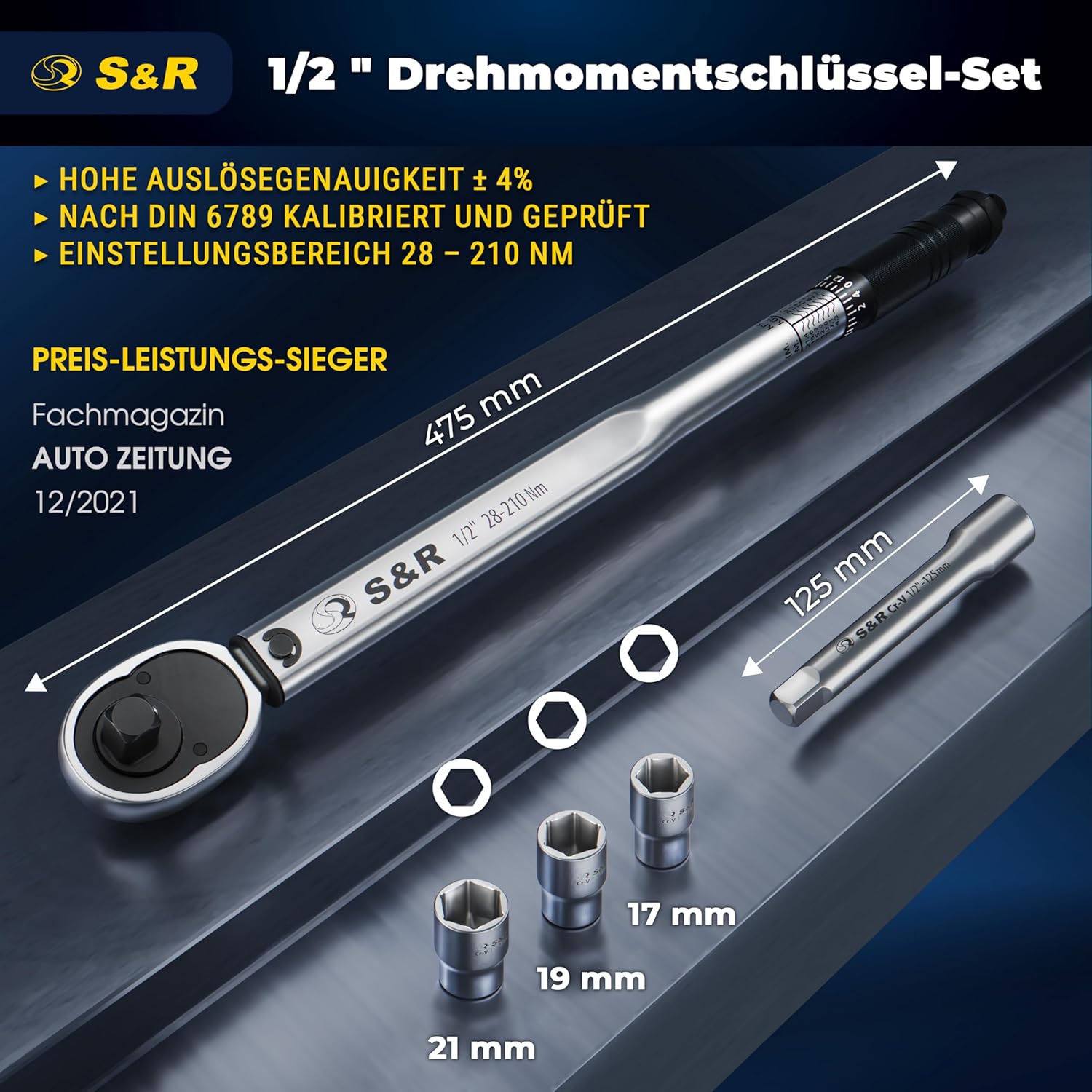 Arebos Lot de 6 clés dynamométriques | 40-210 Nm, 1-2 | avec douilles
