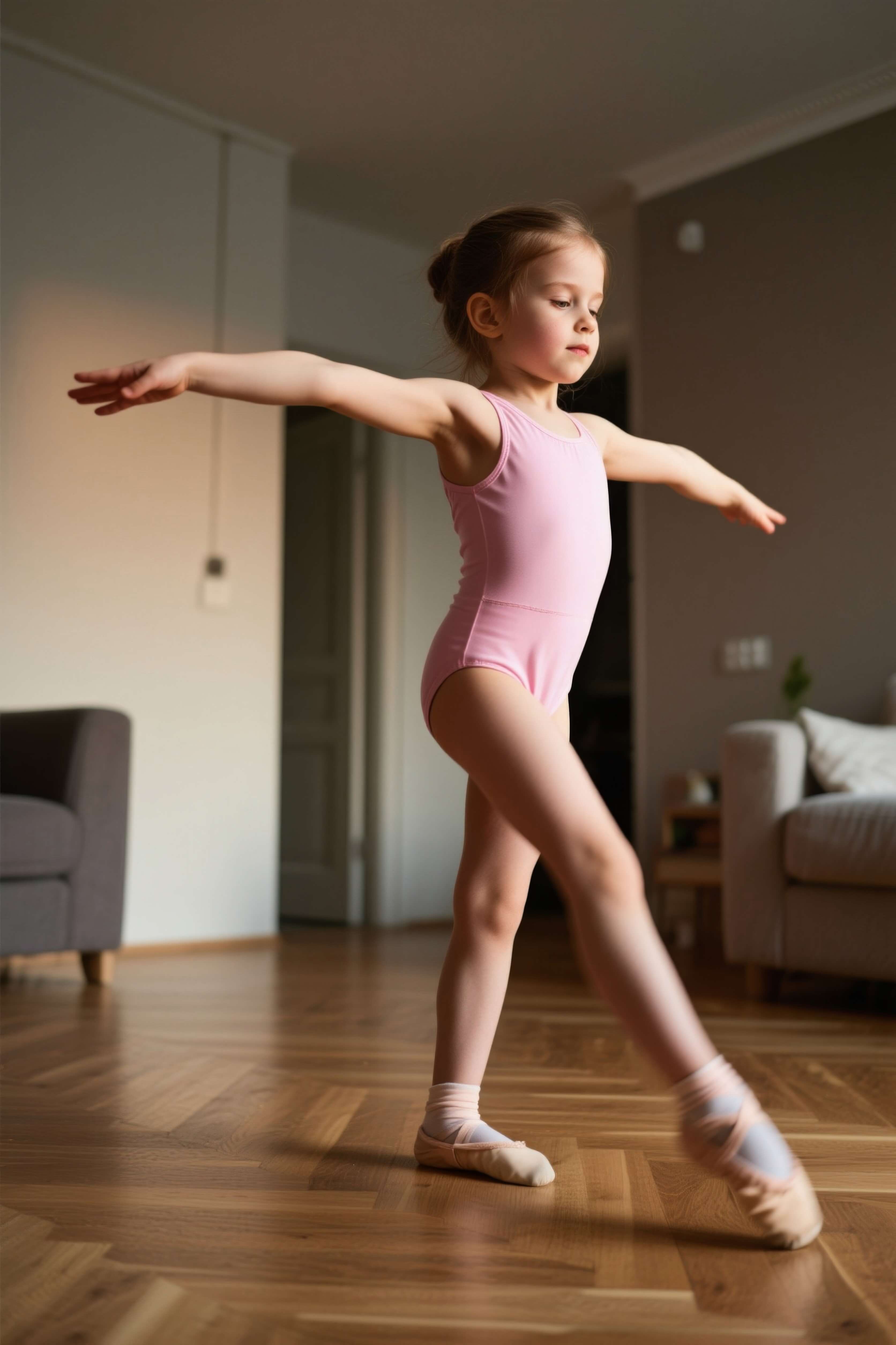 Kind macht Ballettübungen vor dem Laptop zuhause