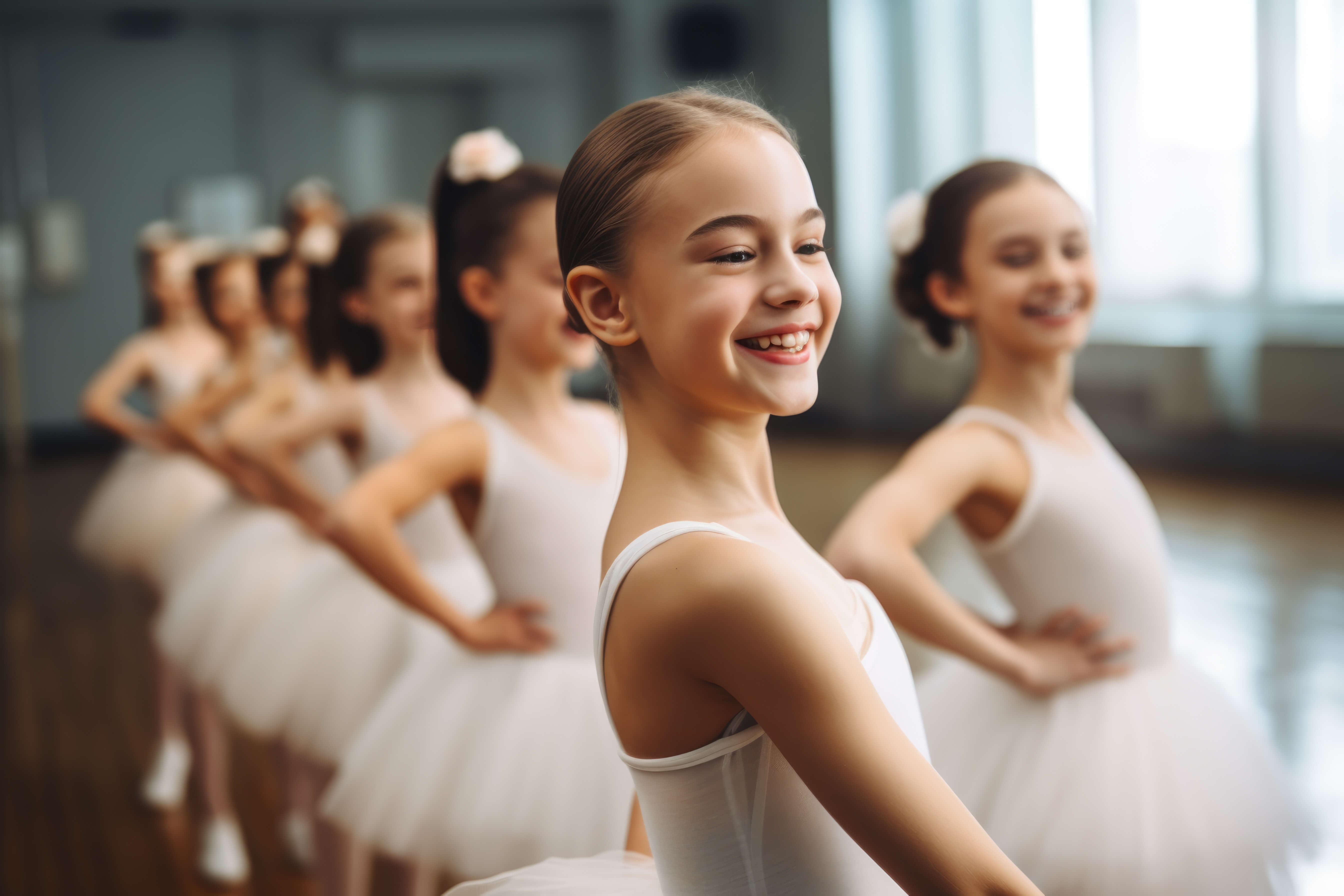 Lächelnde, kleine Ballerina in Ihrer Tanzgruppe