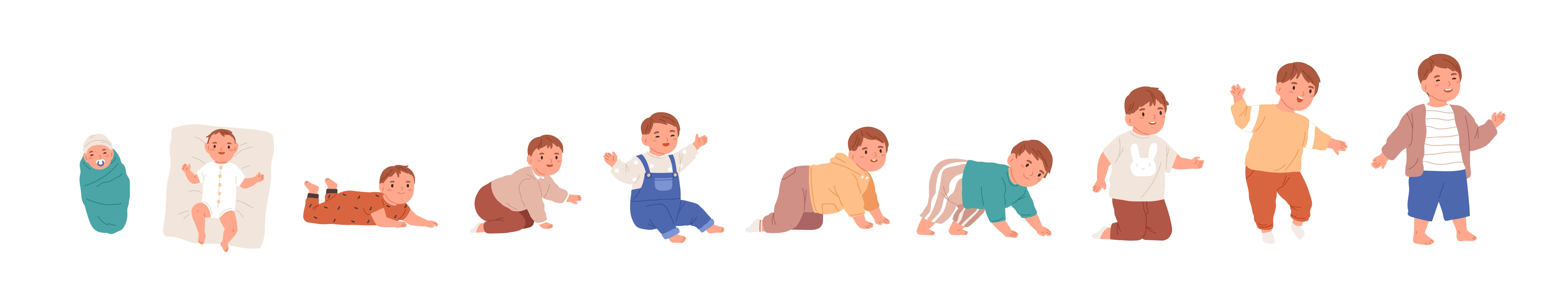 Illustration der Bewegungsentwicklung eines Kindes vom Wickelkind, über das Kriechen, Krabbeln bis zum aufrechtem, festen Stand