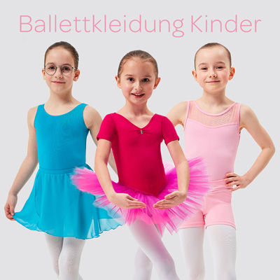 Drei Mädchen in farbenfroher Ballettkleidung für Kinder von tanzmuster