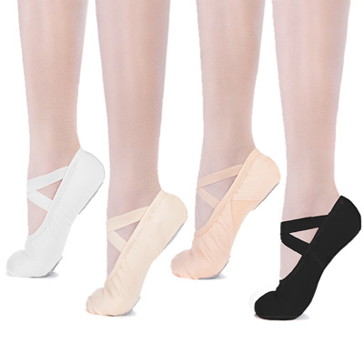 Baumwoll-Ballettschläppchen in Weiß, Ballett-Rosa, Rosa-Apricot und Schwarz mit Kreuzgummis