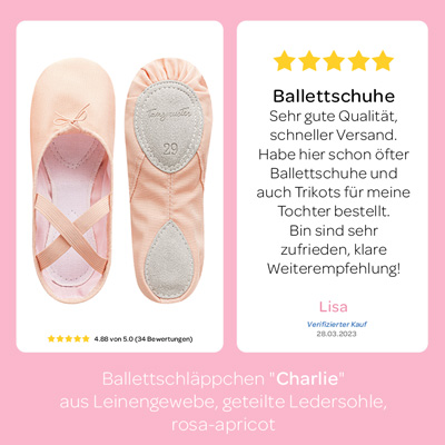 Ballettschläppchen Charlie in Rosa-Apricot mit geteilter Ledersohle