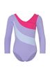 Langarm-Turnanzug für Gymnastik in Flieder, Pink und Hellblau mit dezenten Strassdetails, Frontansicht
