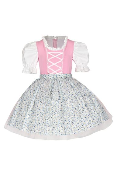 Rosa Dirndlkleid mit weißen Puffärmeln und einer blauen Blumenschürze mit Spitzen- und Banddetails.