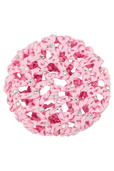 Ein Duttnetz mit Glitzersteinen in rosa.