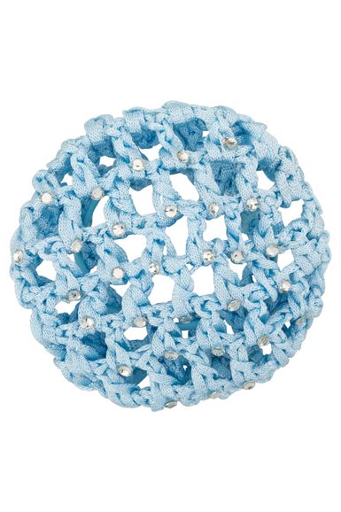 Ein hellblaues Duttnetz mit Glitzersteinen.