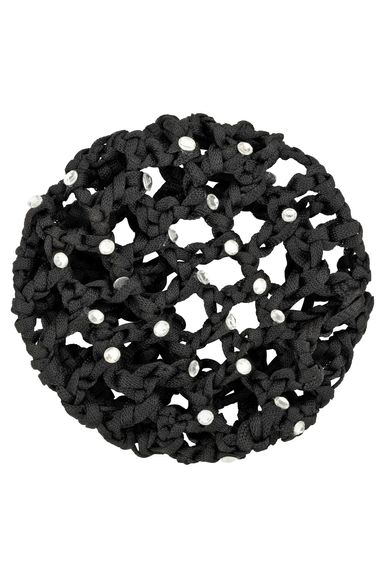Ein schwarzes Duttnetz mit Glitzersteinen.