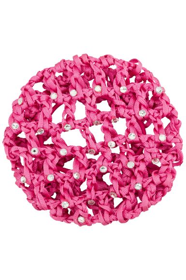 Ein pinkes Duttnetz mit Glitzersteinen.