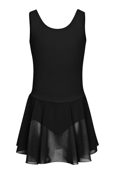 Ärmelloser schwarzer Ballettanzug mit angenähtem transparenten schwarzen Rock auf weißem Hintergrund.