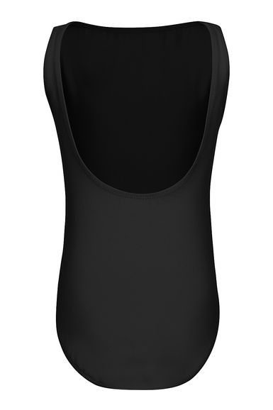 Rückansicht eines schlichten schwarzen ärmellosen Badeanzugs mit U-Ausschnitt und ohne sichtbare Muster oder Verzierungen.