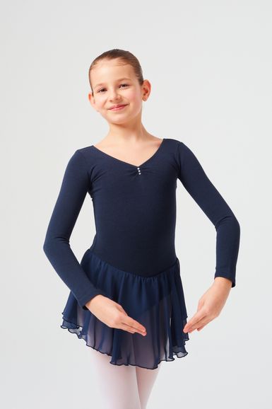 Long-sleeved ballet leotard "Anna" with chiffon skirt, navy blue