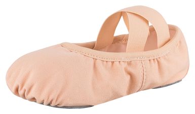 Ein hellrosa Ballettschuh mit elastischen Riemen und einer weichen