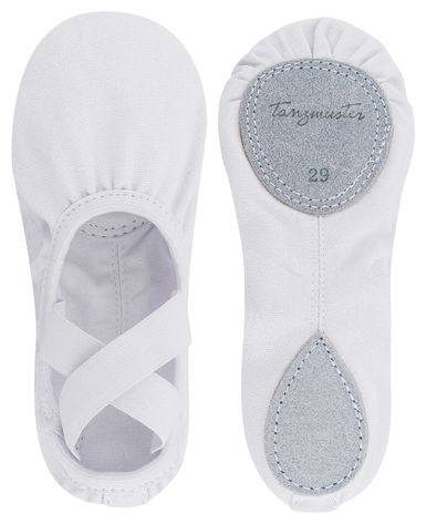 Ein Paar weiße Ballettschuhe mit elastischen Riemen und grauen Wildledersohlen