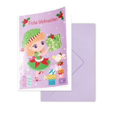 Eine Weihnachtskarte mit ‚ÄûFrohe Weihnachten‚Äú und einem Mädchen