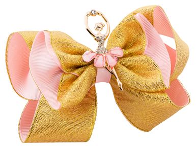 Gold- und rosafarbene Haarschleife mit einer juwelenbesetzten Ballerina-Figur in der Mitte.