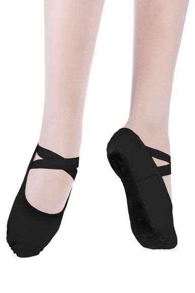 Eine Person trägt helle Strumpfhosen und schwarze Ballerinas mit gekreuzten Riemen und zeigt Oberkörper- und Fußsohlenansichten.