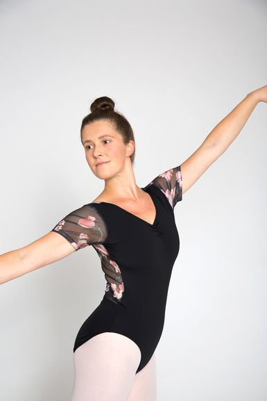 Damen Kurzarm Ballett Trikot Merle mit geblümtem Netzeinsatz