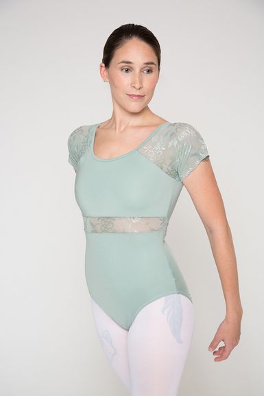 Damen Kurzarm Ballettanzug Malin mit bestickten Mesh-Einsätzen