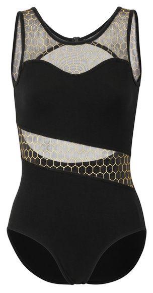Ärmelloses Damen Ballett Trikot Bea mit gold schwarzen Netzeinsätzen
