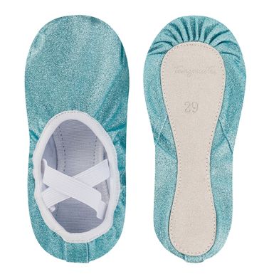 Ein Paar glitzernde türkisfarbene Ballerinas mit weißen elastischen Riemen