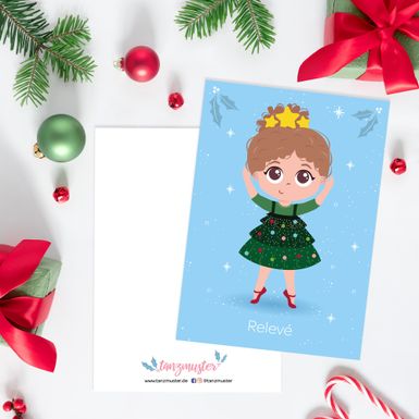 Postkarte Weihnachten: Ballerina im Relevé, Vorderseite und Rückseite