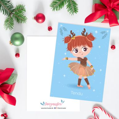 Postkarte Weihnachten: Ballerina im Tendu, Vorderseite und Rückseite