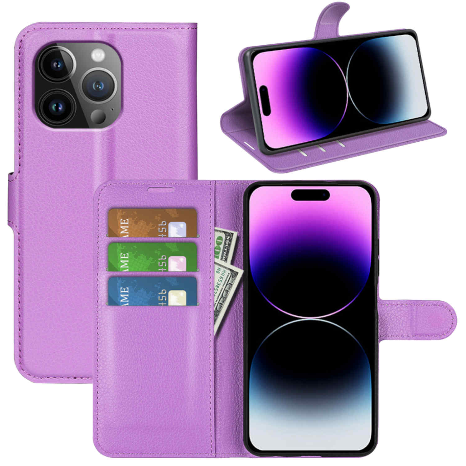 Für Apple iPhone 15 Pro Handy Tasche Wallet Premium Schutz Hülle Case Cover  Etuis Neu Zubehör Lila